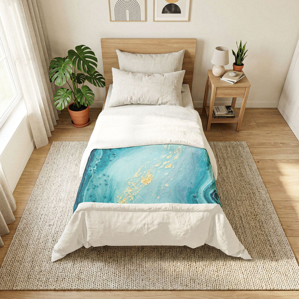 Teal Marble Cotton Comforter – Ocean Blue Abstract Bedding with Gold Veins