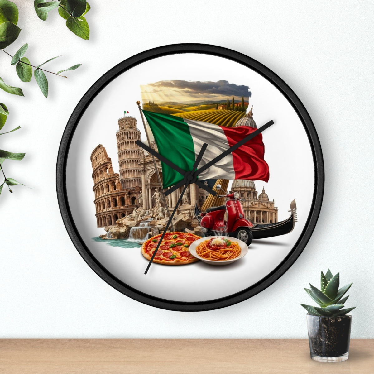 Italian Landmarks Wall Clock — Pizza, Vespa & Flag Heritage Decor