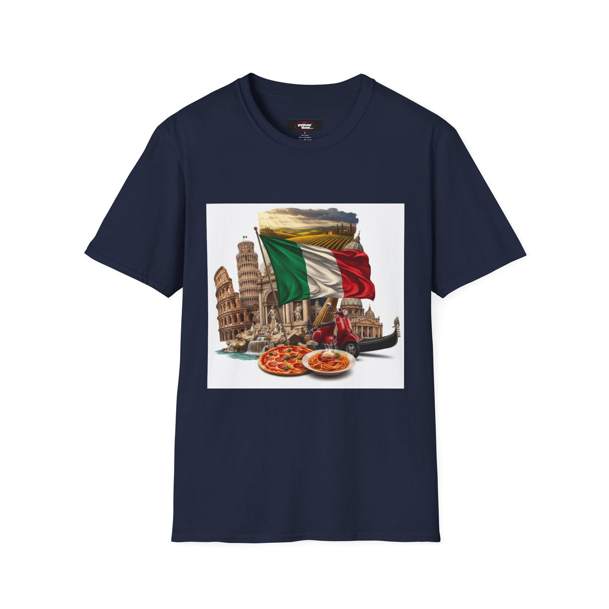 Italian Landmarks & Cuisine T-Shirt — Pizza, Colosseum & Flag Graphic
