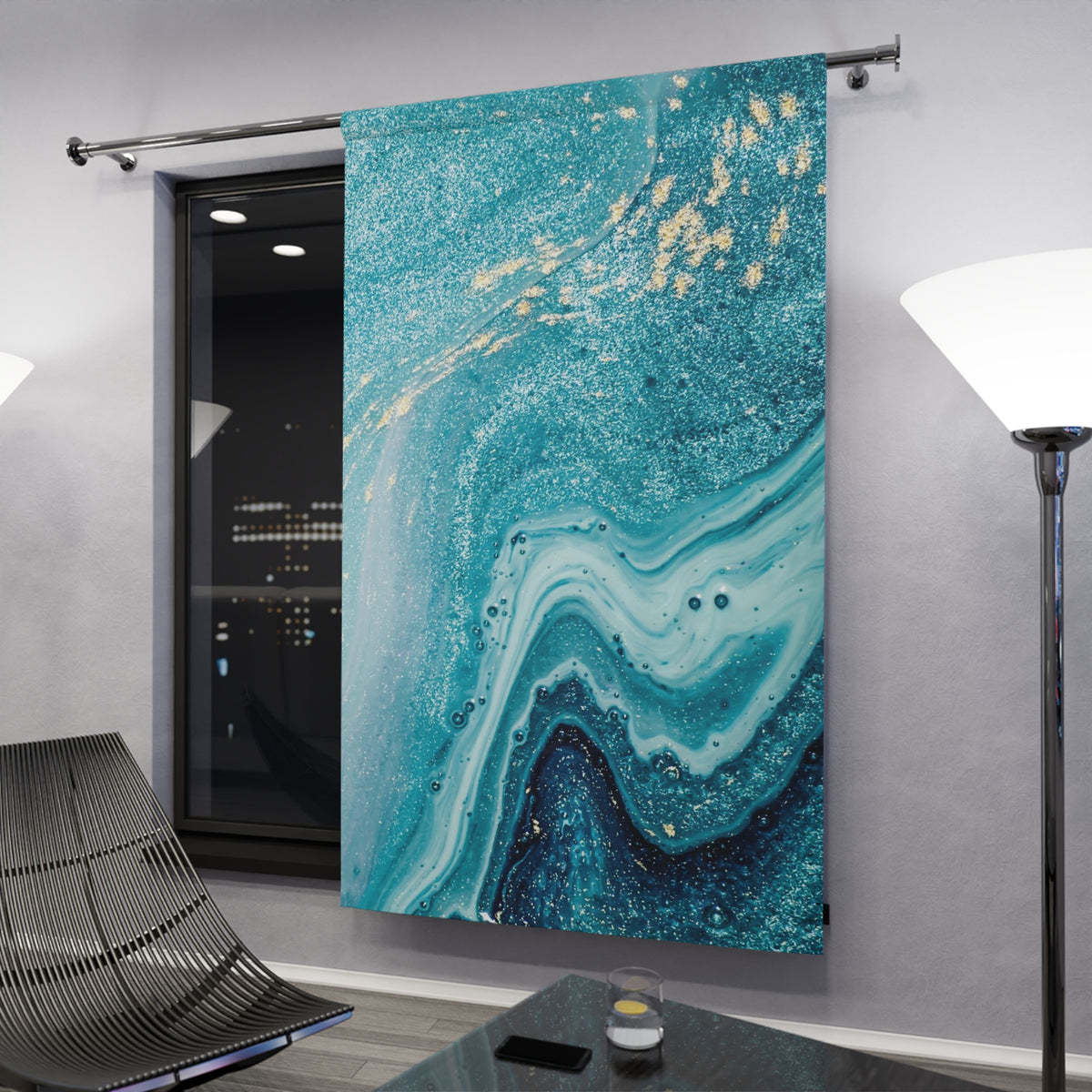 Teal Marble Window Curtain — Ocean Blue Abstract Drapery Panel