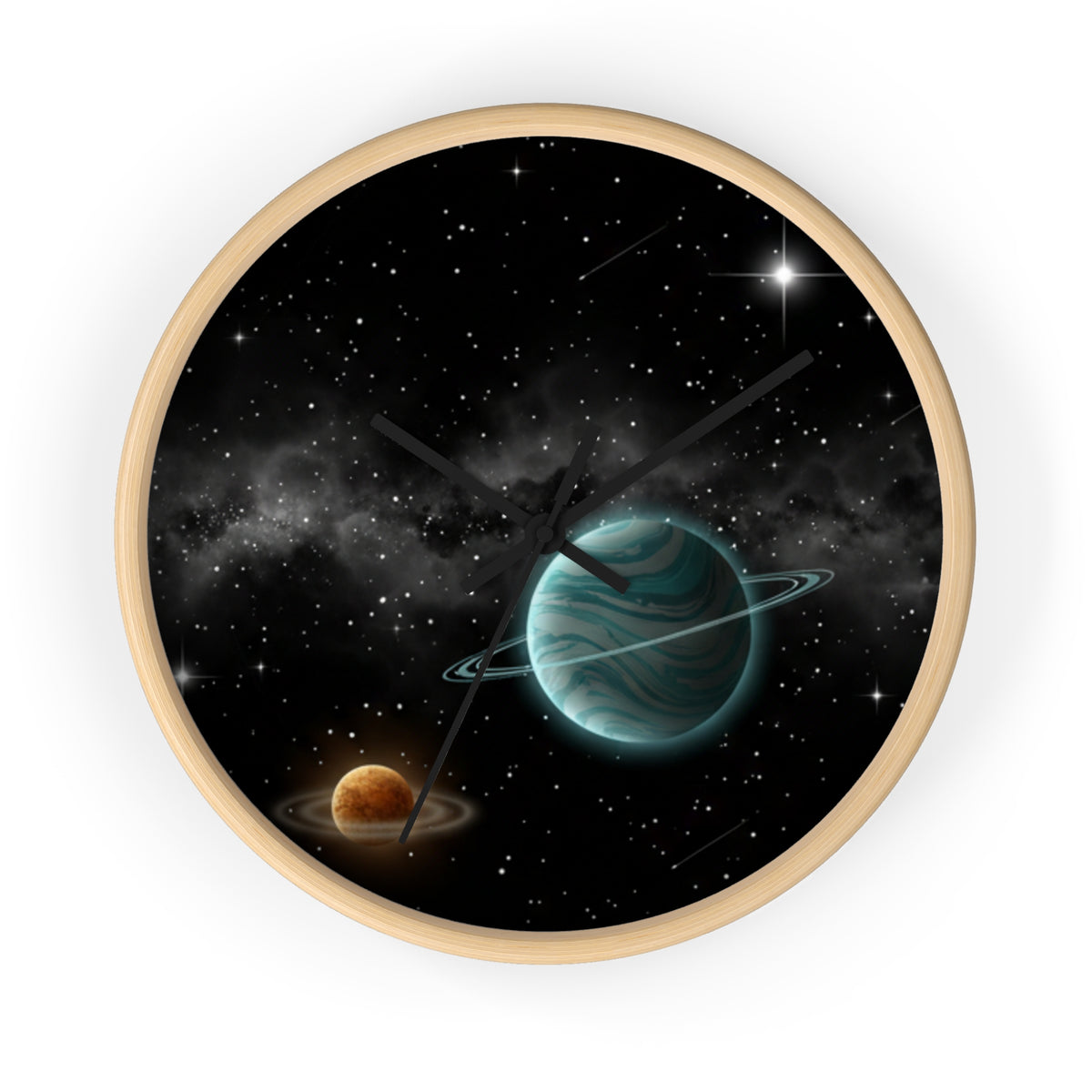 Space Planet Wall Clock — Teal Ringed Planet & Starfield Decorative Clock