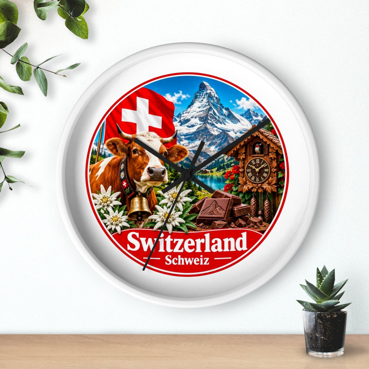 Switzerland Wall Clock — Alpine Cow, Cuckoo Clock & Matterhorn Souvenir