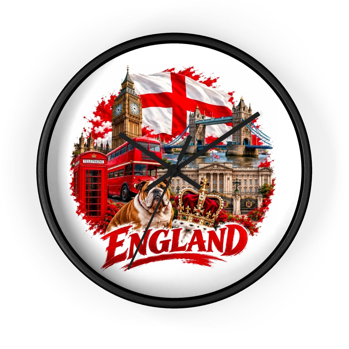 England Wall Clock – British Landmarks, Bulldog & St. George Flag Home Decor