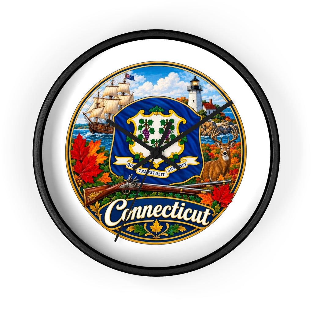 Connecticut State Emblem Wall Clock — Scenic Lighthouse, Ship & Maple Leaf Decor