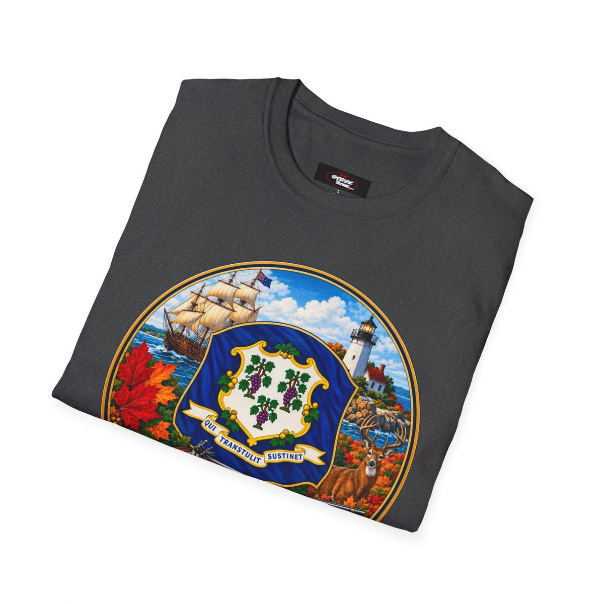 Connecticut Retro State Seal T-Shirt — Vintage Lighthouse & Ship Design