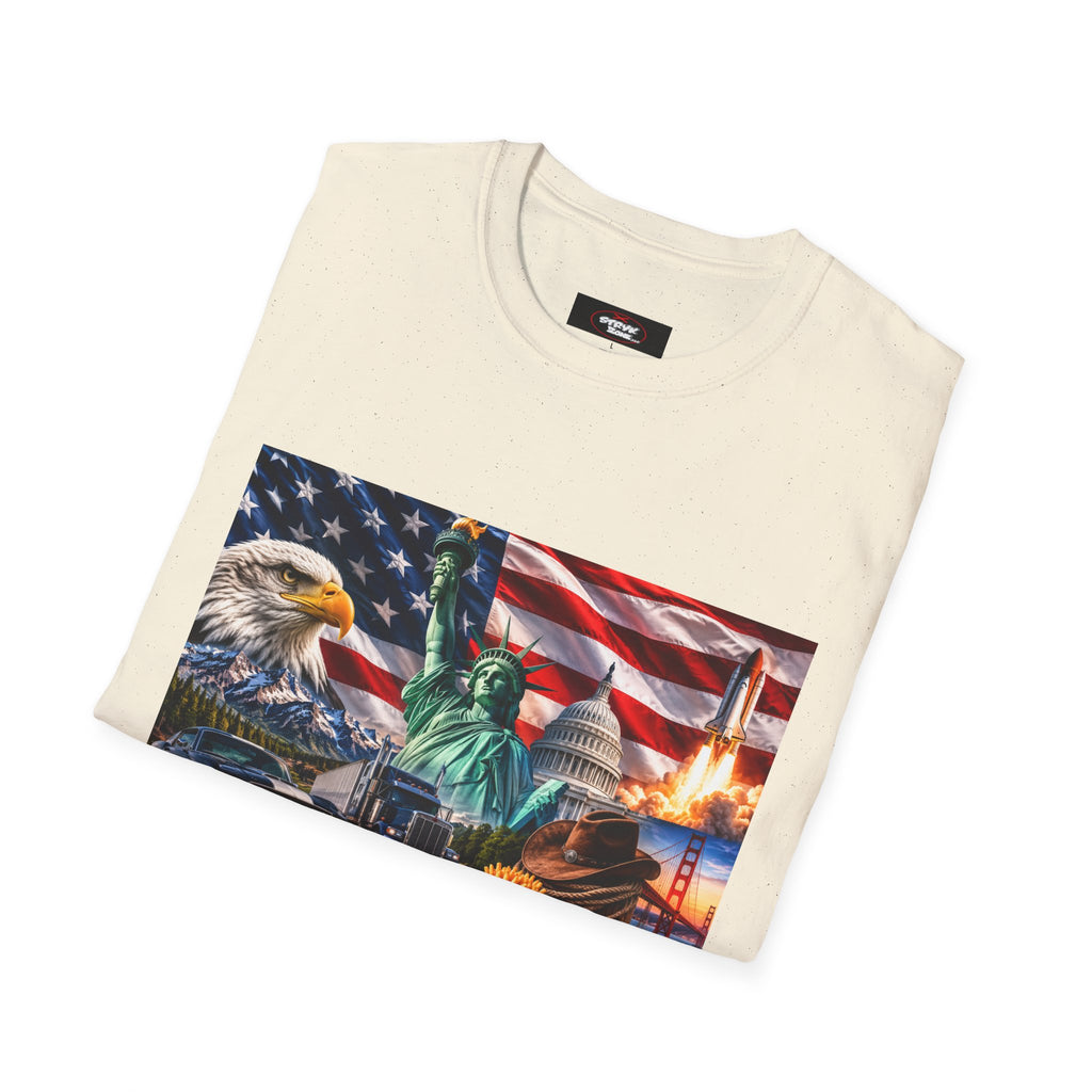 Patriotic USA Montage T-Shirt – Eagle, Statue of Liberty & American Flag Design