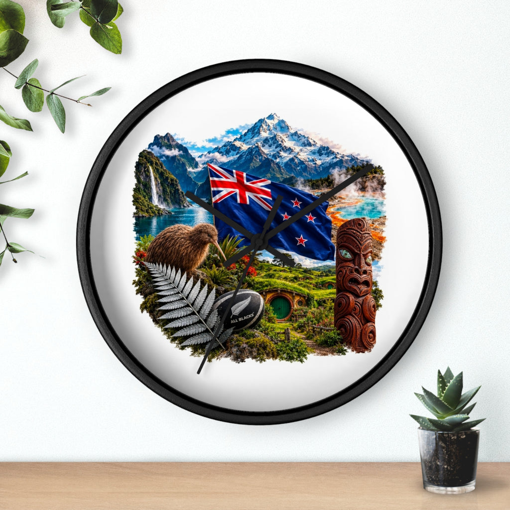 New Zealand Heritage Wall Clock — Kiwi, Silver Fern & Māori Tiki Design