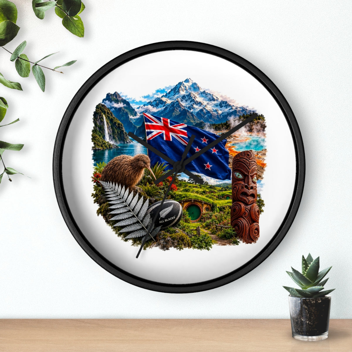 New Zealand Heritage Wall Clock — Kiwi, Silver Fern & Māori Tiki Design