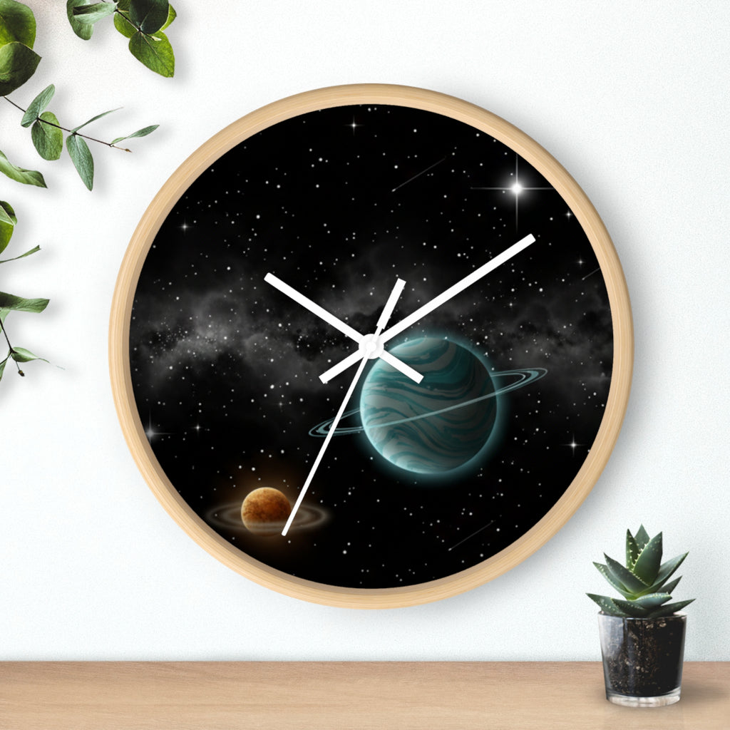 Space Planet Wall Clock — Teal Ringed Planet & Starfield Decorative Clock