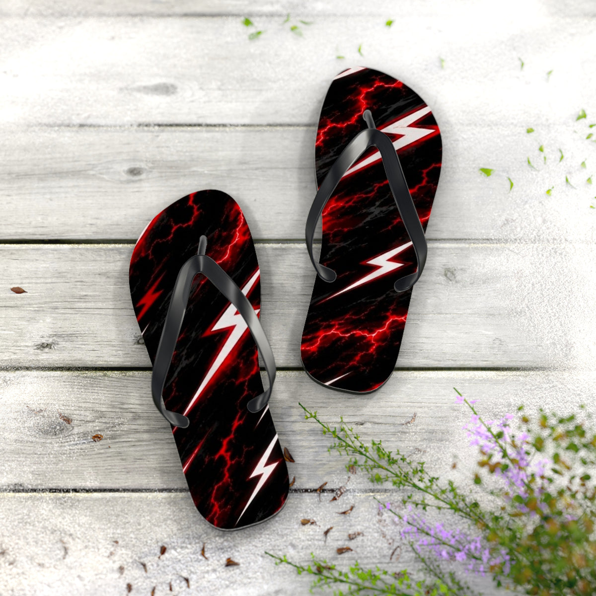 Red Lightning Bolt Flip Flops — Black & Red Storm Beach Sandals