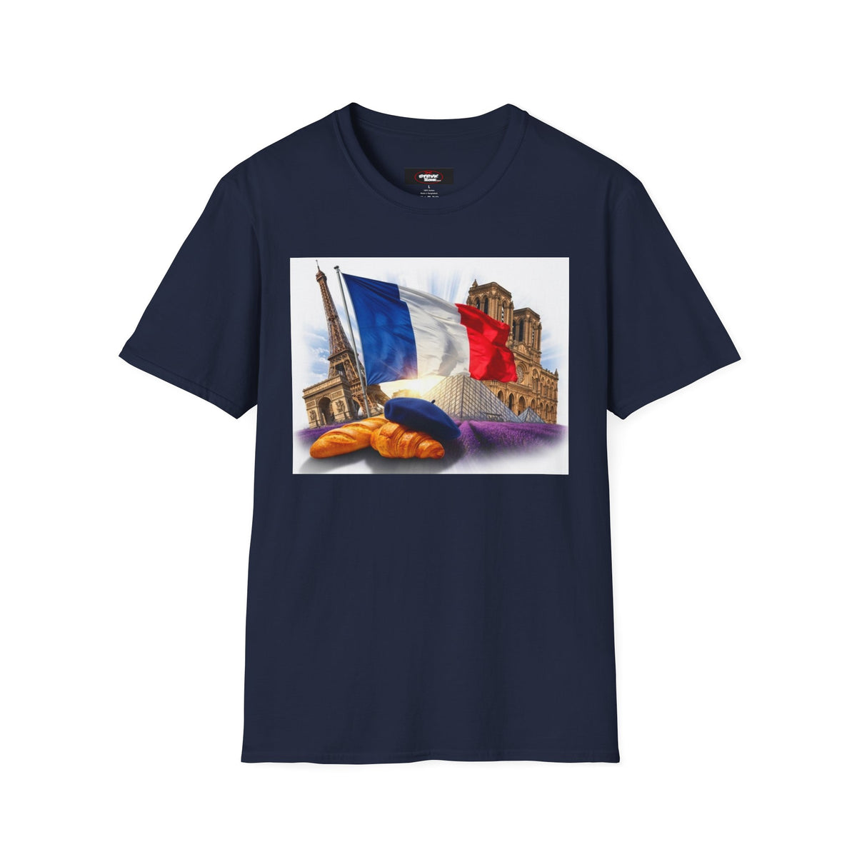 French Flag & Landmark T-Shirt — Eiffel Tower, Notre-Dame & Croissant Graphic