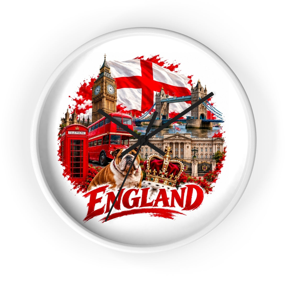 England Wall Clock – British Landmarks, Bulldog & St. George Flag Home Decor