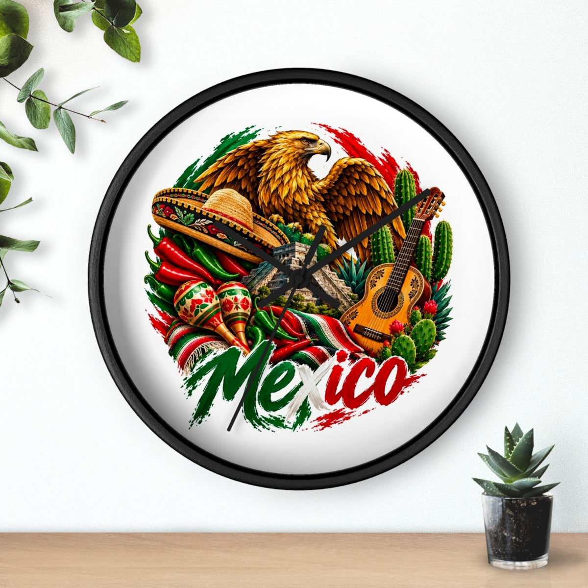Mexico Heritage Wall Clock — Mexican Eagle, Sombrero & Guitar Decorative Clock