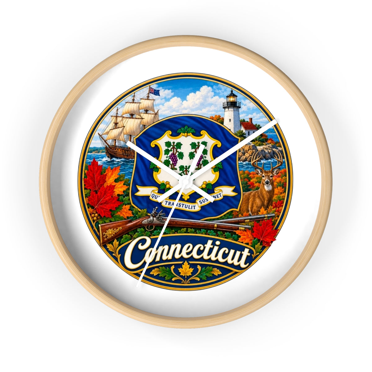 Connecticut State Emblem Wall Clock — Scenic Lighthouse, Ship & Maple Leaf Decor