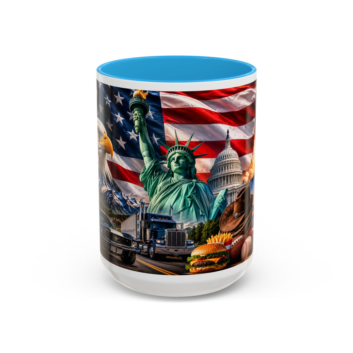 Patriotic USA Collage Mug — Statue of Liberty, Capitol & American Flag (Two-Tone)