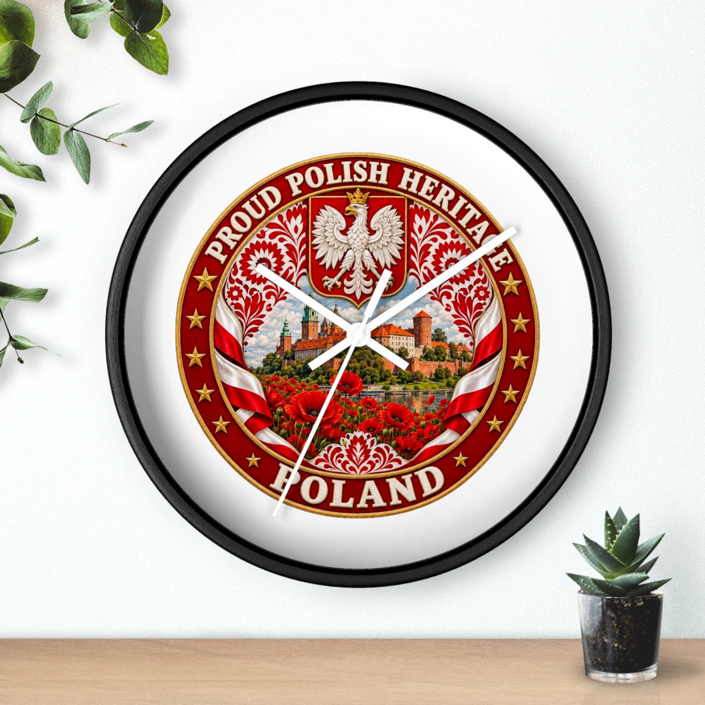 Poland Wall Clock — Proud Polish Heritage Design (Eagle, Castle & Poppies)