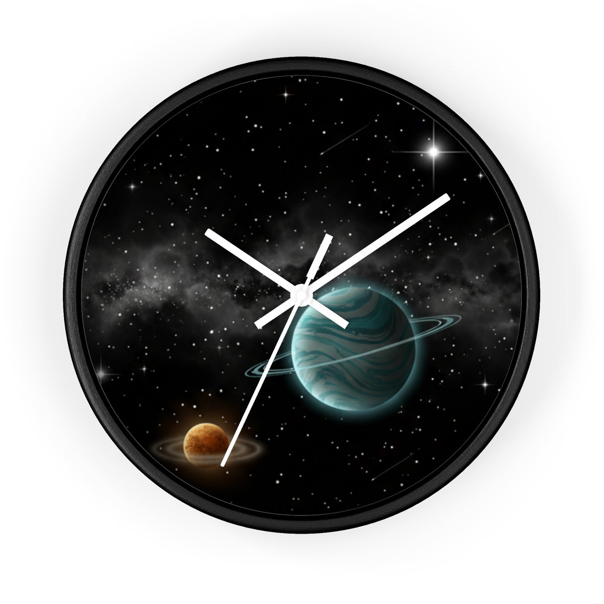 Space Planet Wall Clock — Teal Ringed Planet & Starfield Decorative Clock