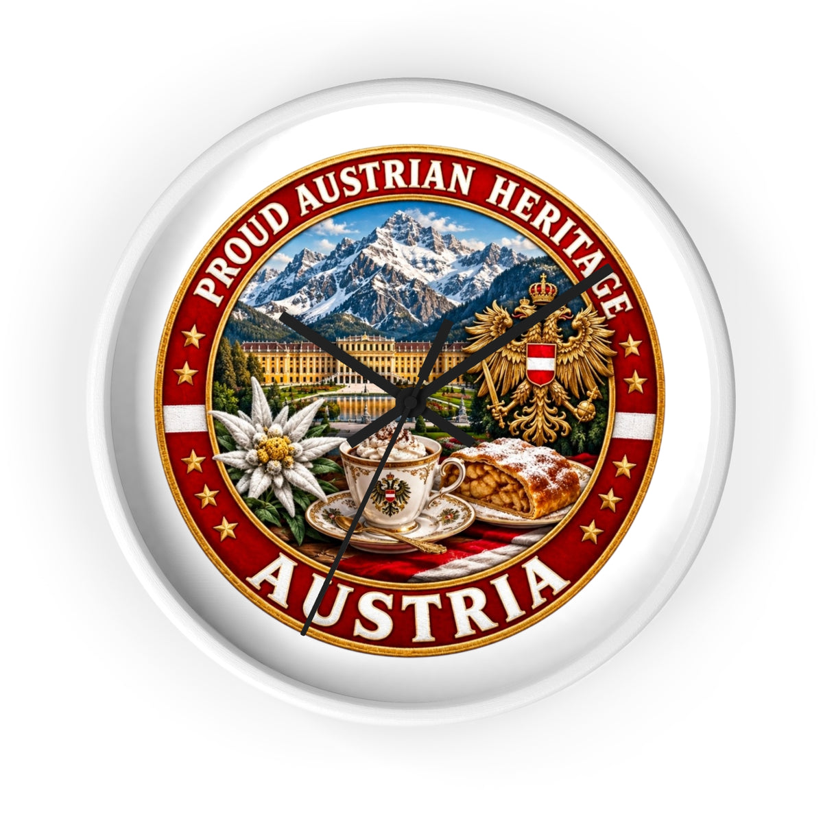 Austria Heritage Wall Clock — Proud Austrian Mountains & Coffee Scene