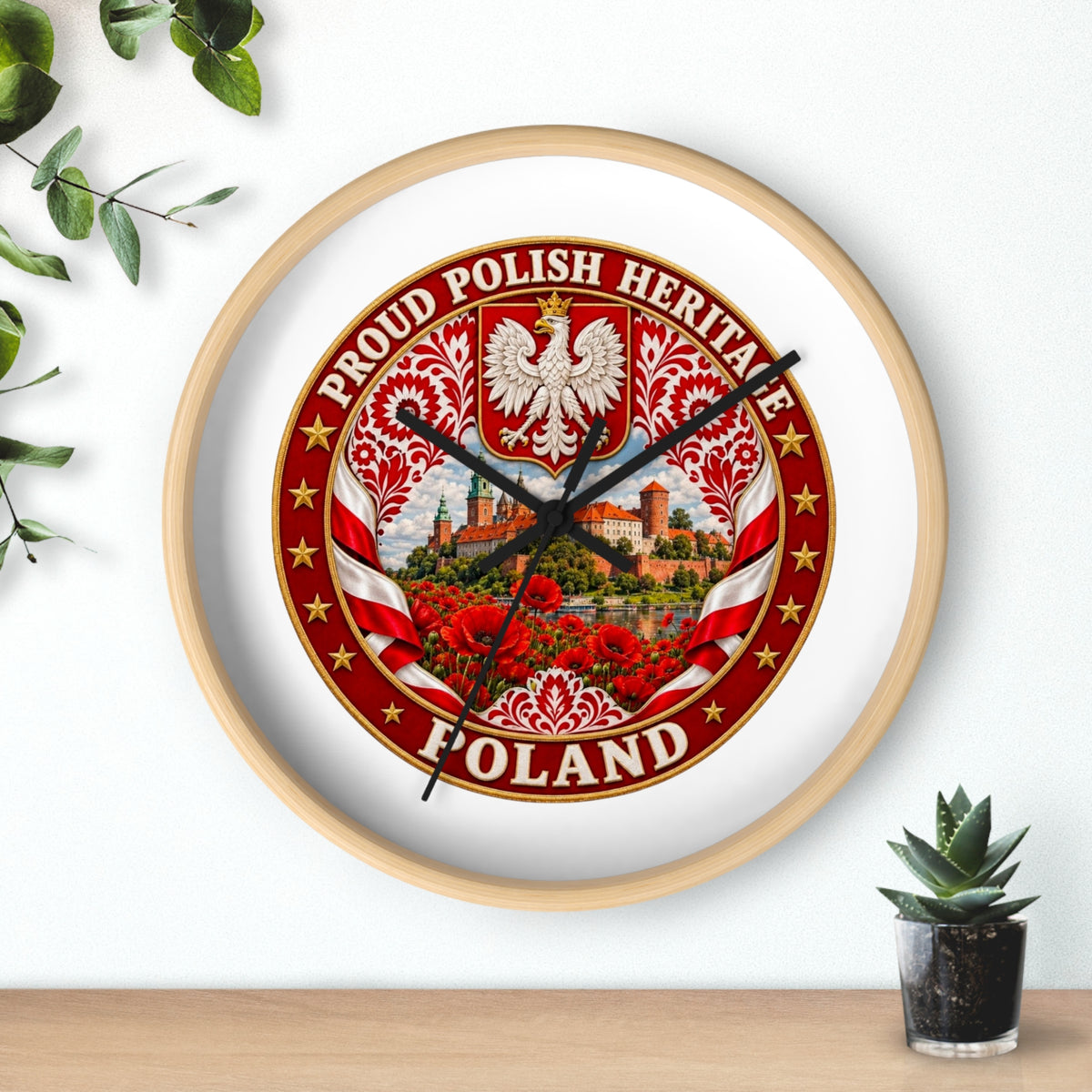 Poland Wall Clock — Proud Polish Heritage Design (Eagle, Castle & Poppies)