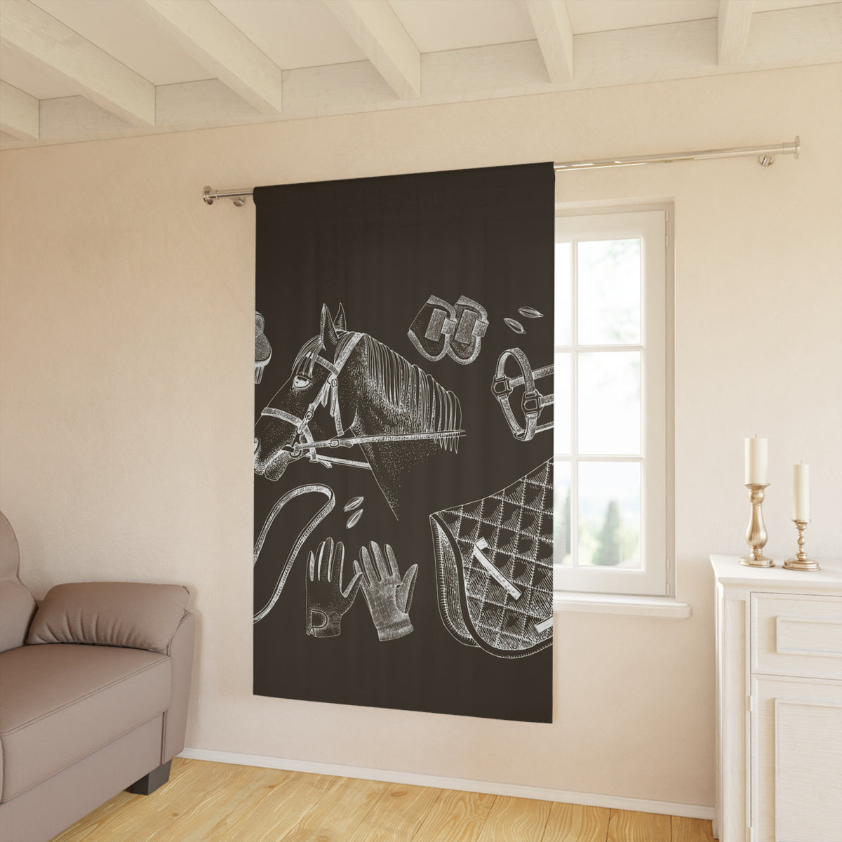 Equestrian Chalkboard Curtain — Horse Riding Gear Window Drapes