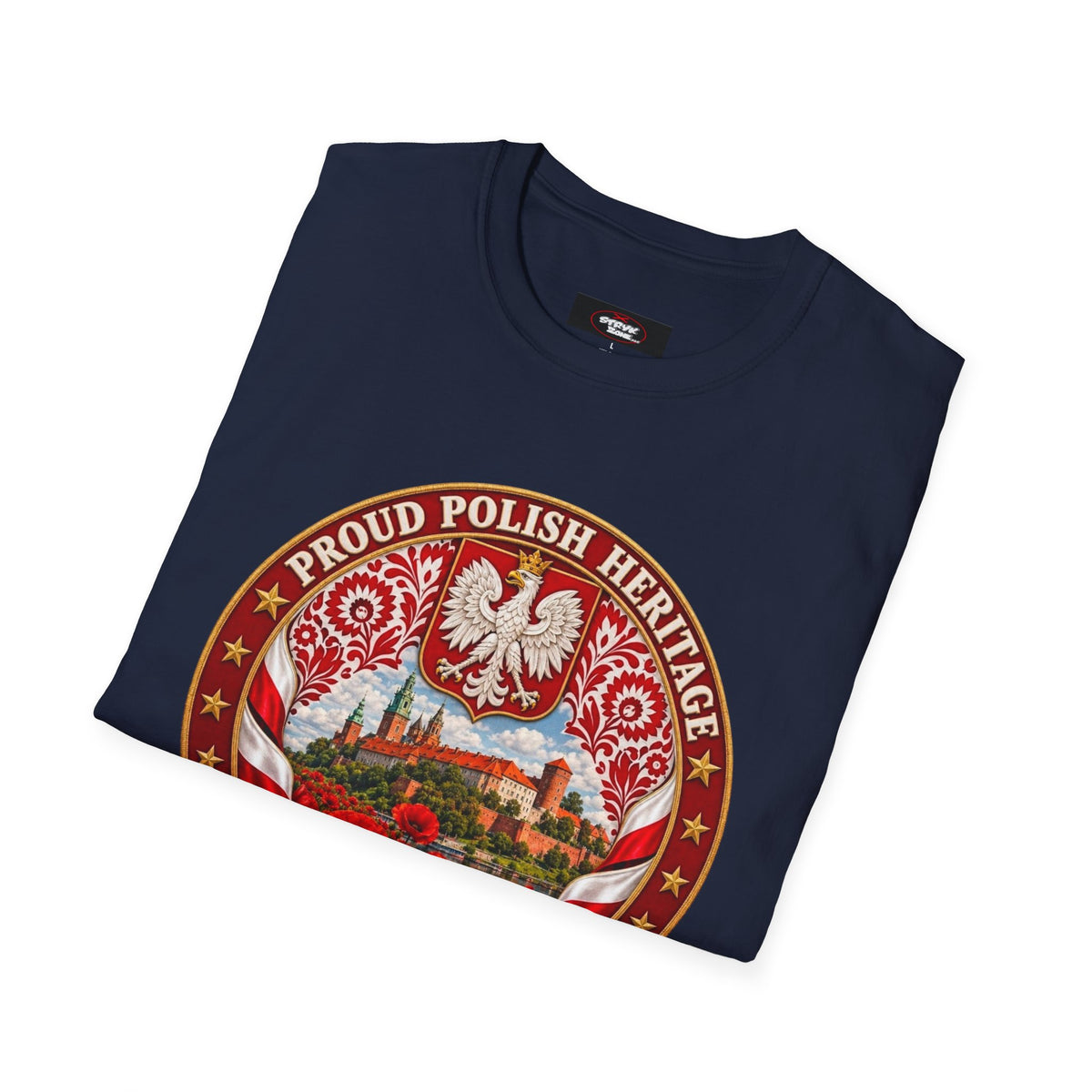 Poland Pride T-Shirt — "Proud Polish Heritage" Circle Crest with White Eagle and Floral Motif