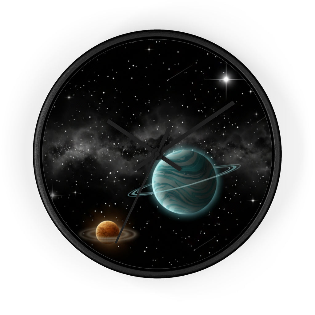 Space Planet Wall Clock — Teal Ringed Planet & Starfield Decorative Clock