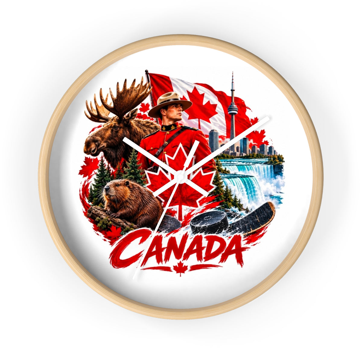 Canada Souvenir Wall Clock — Maple Leaf Moose, Bear & Mountie Collage