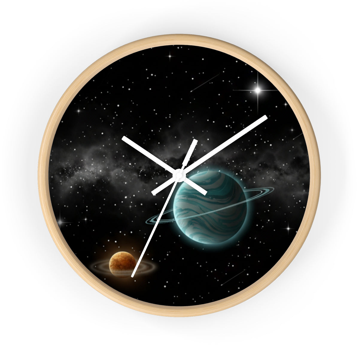 Space Planet Wall Clock — Teal Ringed Planet & Starfield Decorative Clock