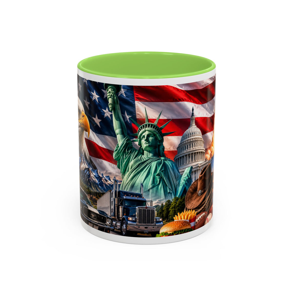 Patriotic USA Collage Mug — Statue of Liberty, Capitol & American Flag (Two-Tone)