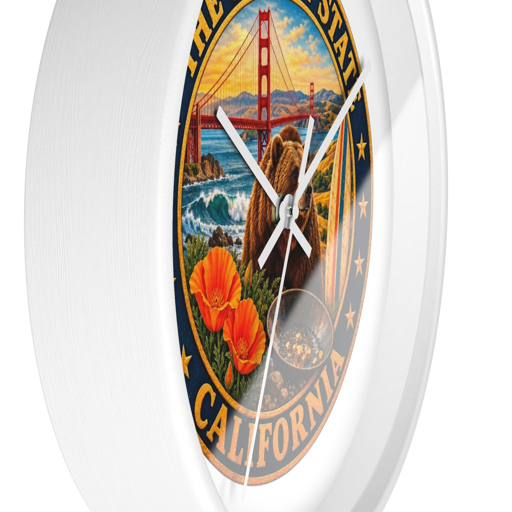California Golden State Wall Clock — Golden Gate, Bear & Poppies Retro Travel Decor