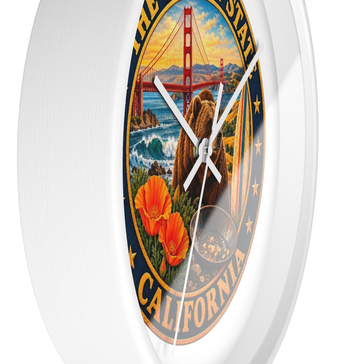 California Golden State Wall Clock — Golden Gate, Bear & Poppies Retro Travel Decor