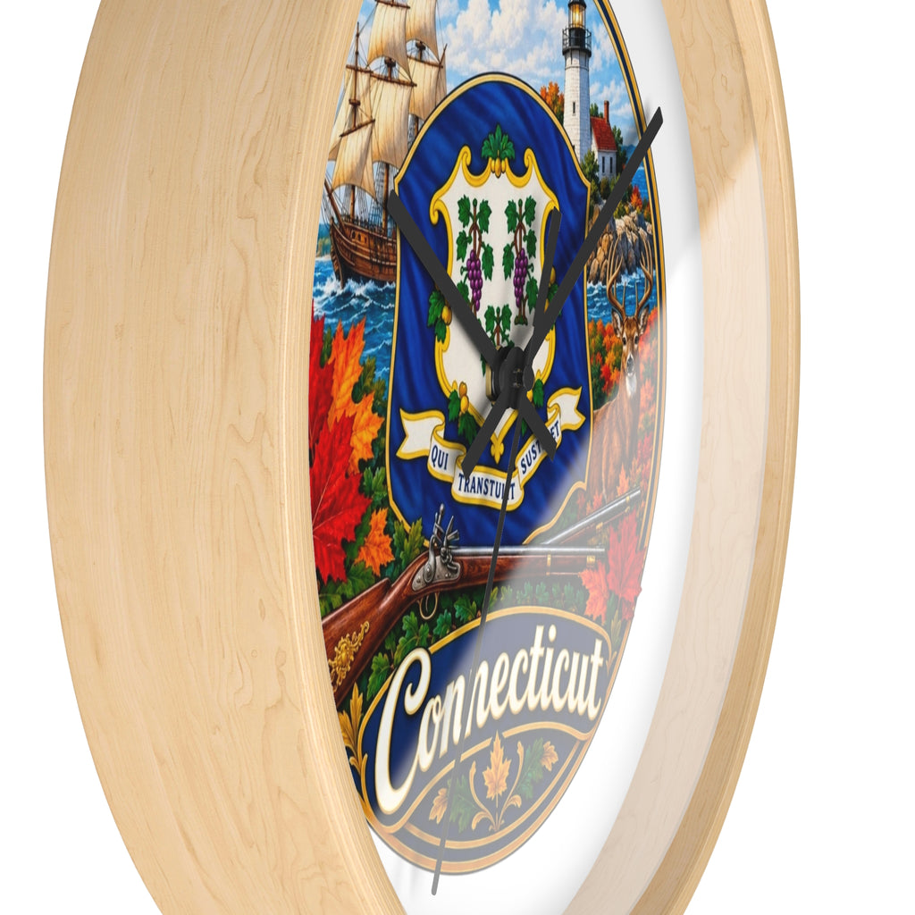 Connecticut State Emblem Wall Clock — Scenic Lighthouse, Ship & Maple Leaf Decor