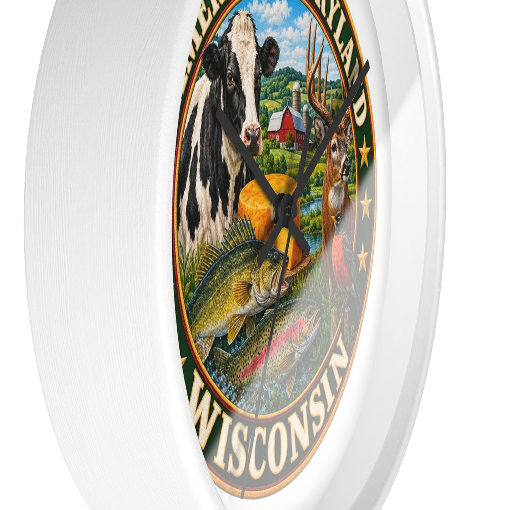 Wisconsin Wall Clock — "America's Dairyland" Rustic Farm & Wildlife Clock