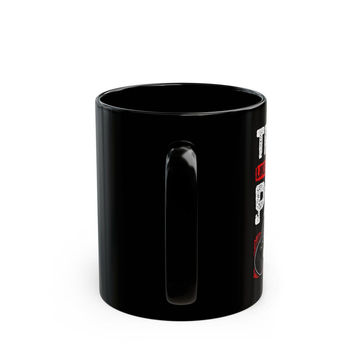 Black mug with a logo on a white background