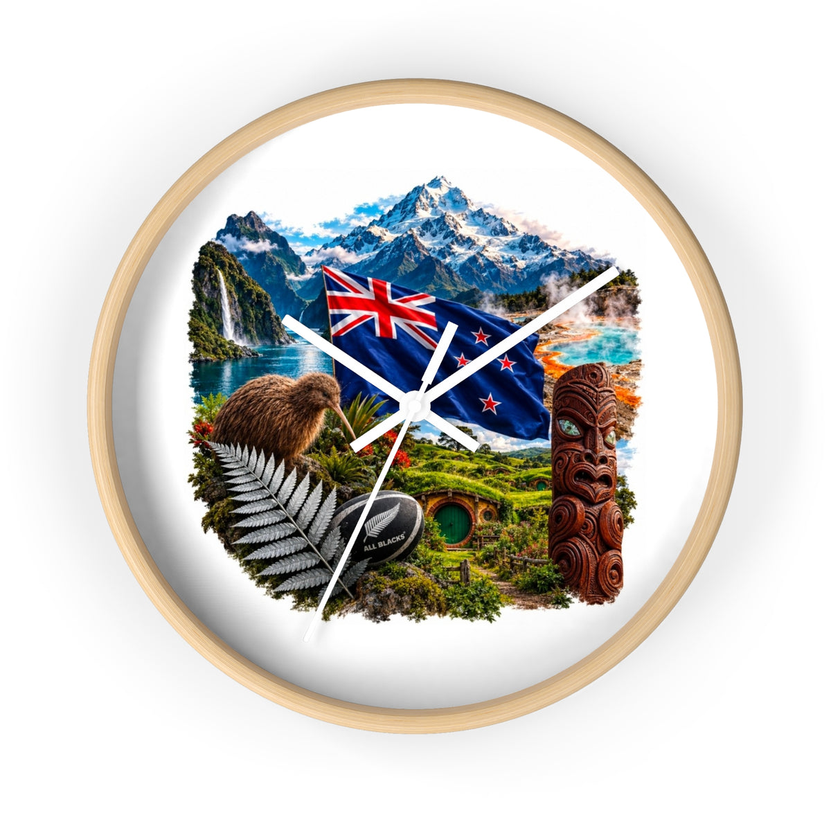 New Zealand Heritage Wall Clock — Kiwi, Silver Fern & Māori Tiki Design