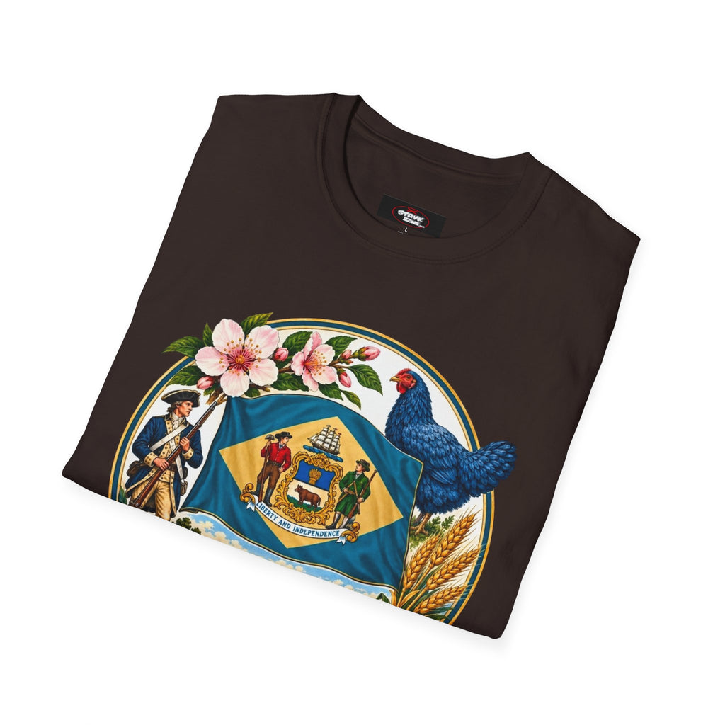Delaware State Seal Vintage T-Shirt — Floral & Blue Hen State Emblem