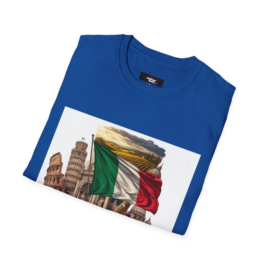 Italian Landmarks & Cuisine T-Shirt — Pizza, Colosseum & Flag Graphic