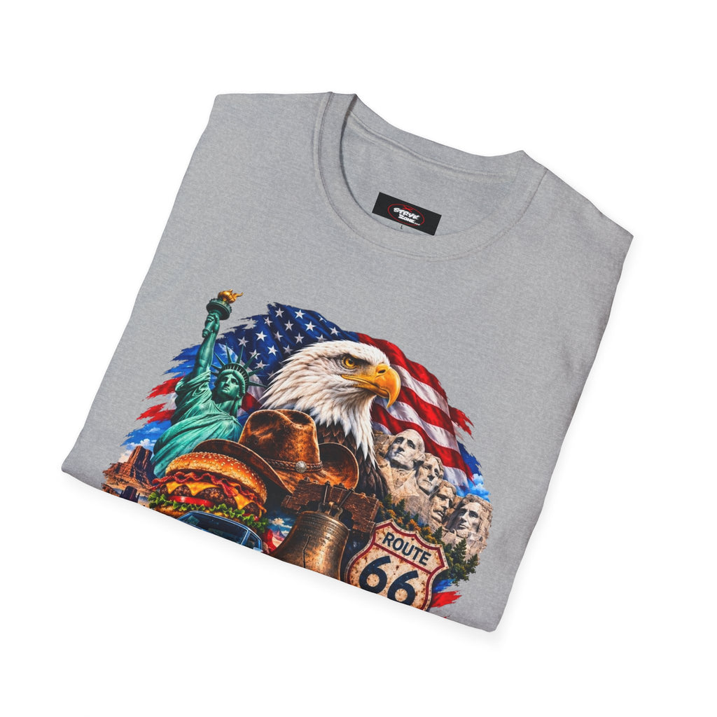 United States Patriotic T-Shirt — Bald Eagle, Statue of Liberty & Route 66 Design