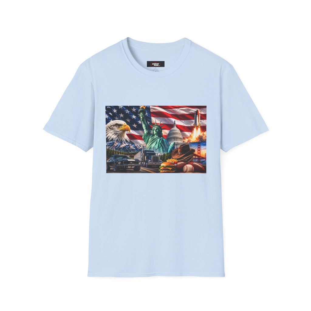 Patriotic USA Montage T-Shirt – Eagle, Statue of Liberty & American Flag Design