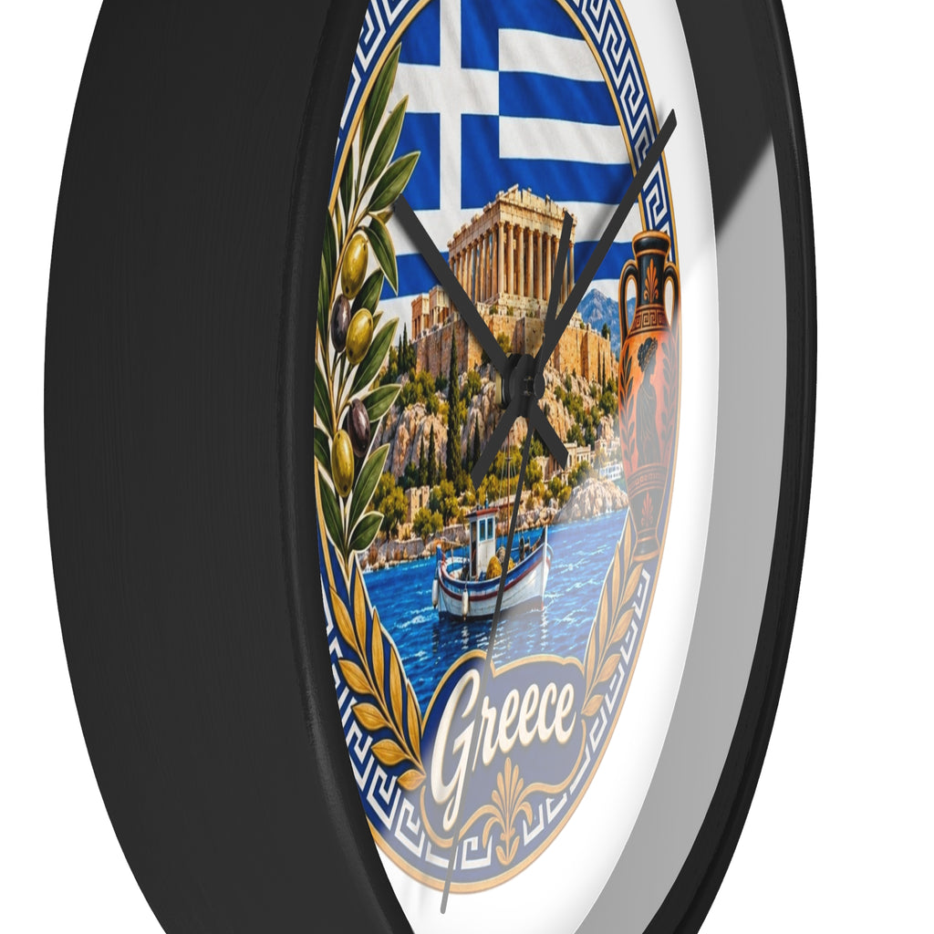 Greece Decorative Wall Clock — Parthenon, Olive Branch & Greek Flag Design