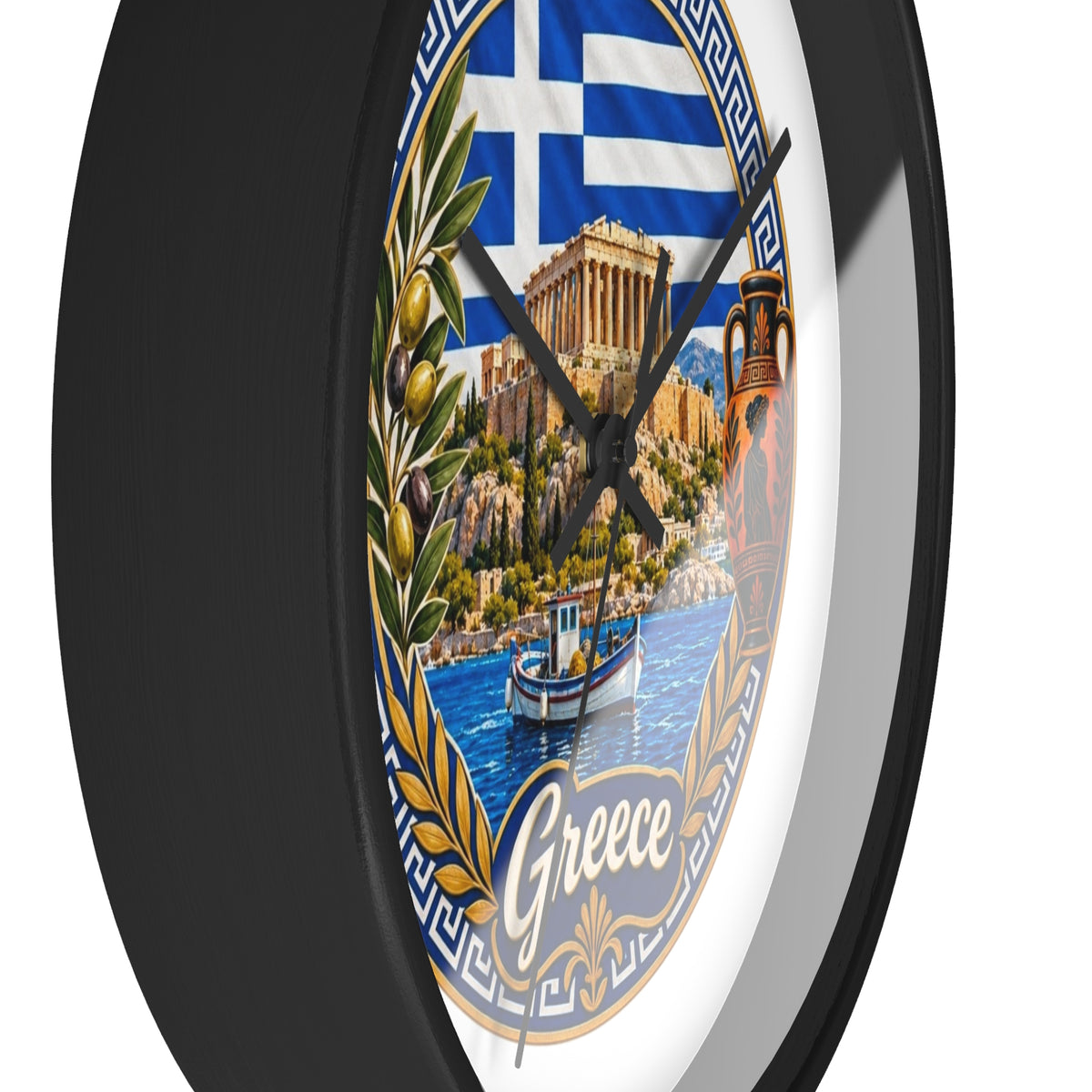 Greece Decorative Wall Clock — Parthenon, Olive Branch & Greek Flag Design