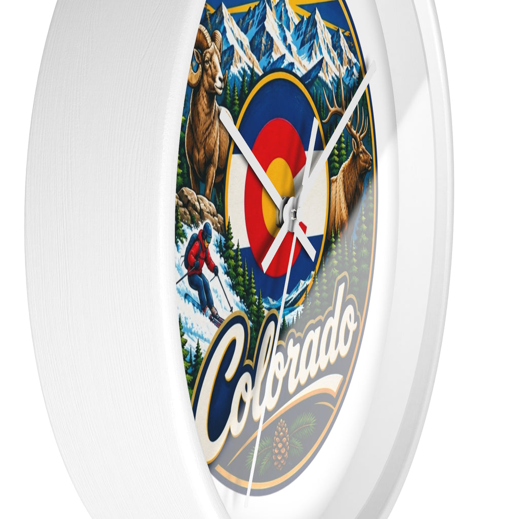 Colorado Mountain Scenic Wall Clock — Skiing, Elk & Bighorn Sheep Design