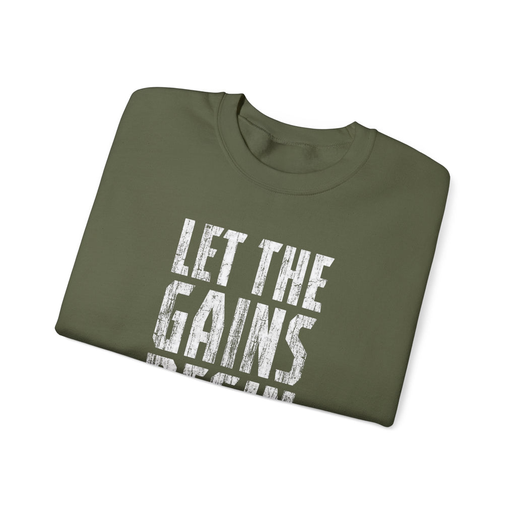 Motivated Muscle Gains graphic on a crewneck sweatshirt