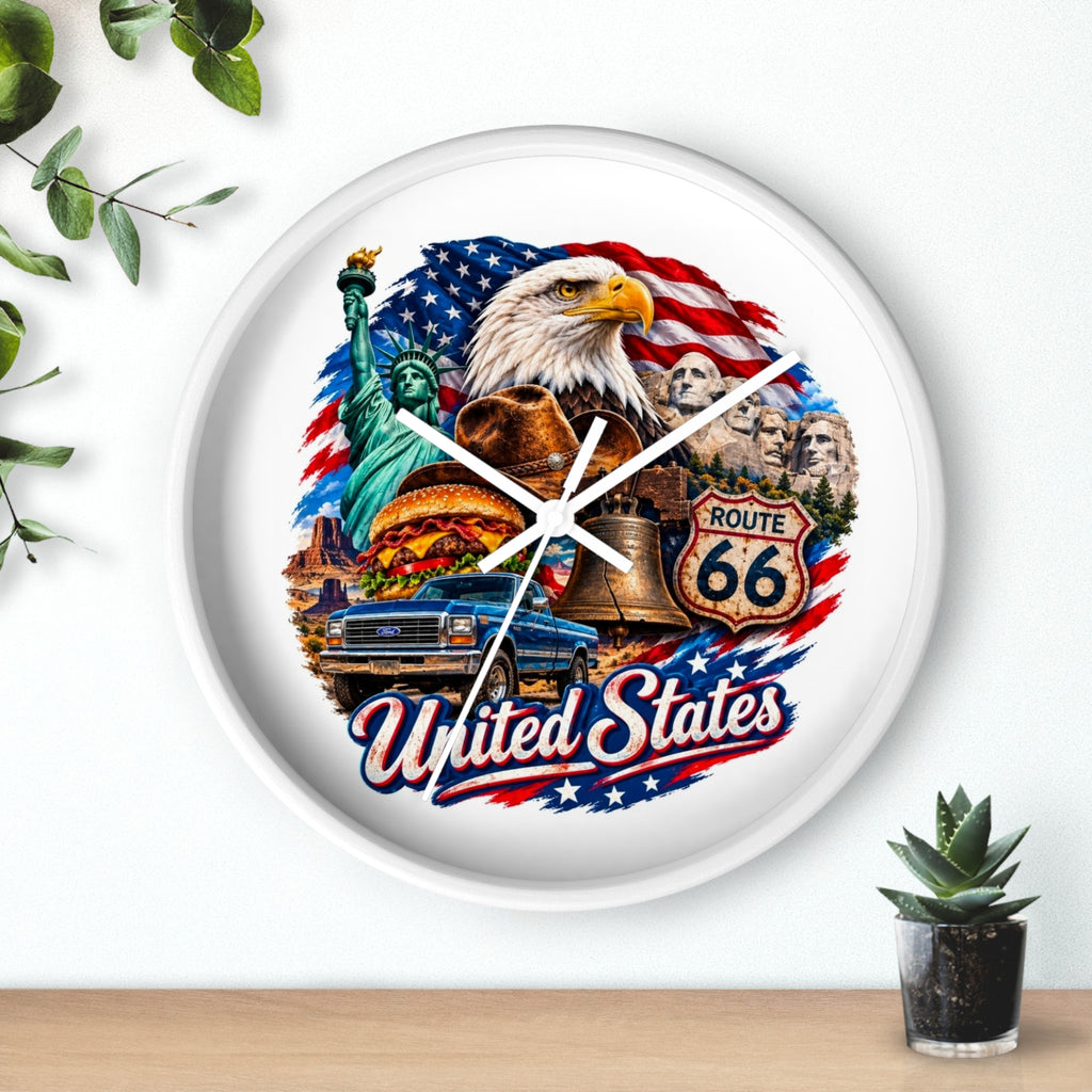 United States Patriotic Wall Clock — Eagle, Route 66 & American Landmarks