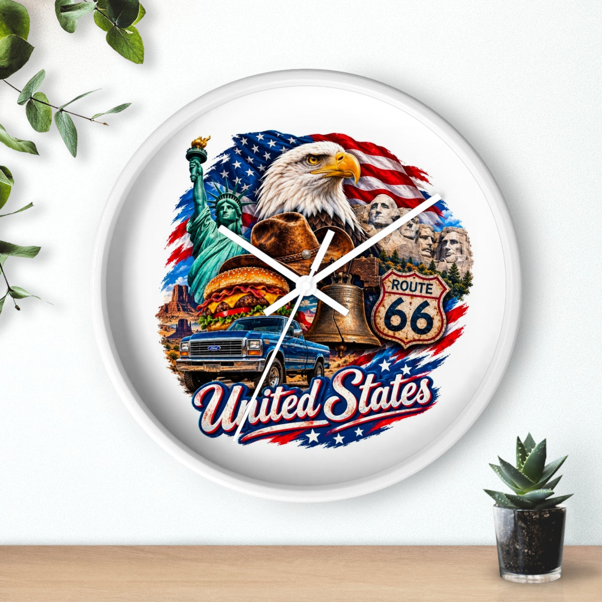 United States Patriotic Wall Clock — Eagle, Route 66 & American Landmarks