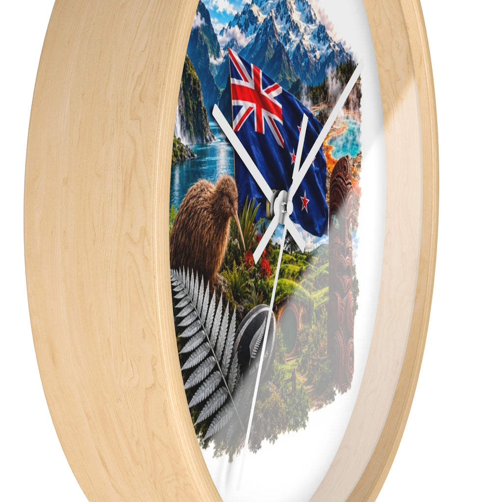 New Zealand Heritage Wall Clock — Kiwi, Silver Fern & Māori Tiki Design