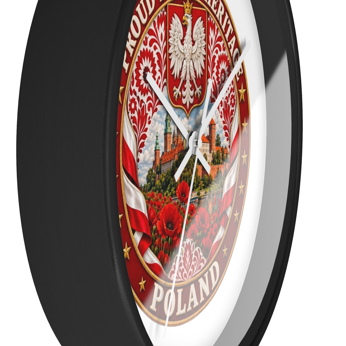Poland Wall Clock — Proud Polish Heritage Design (Eagle, Castle & Poppies)