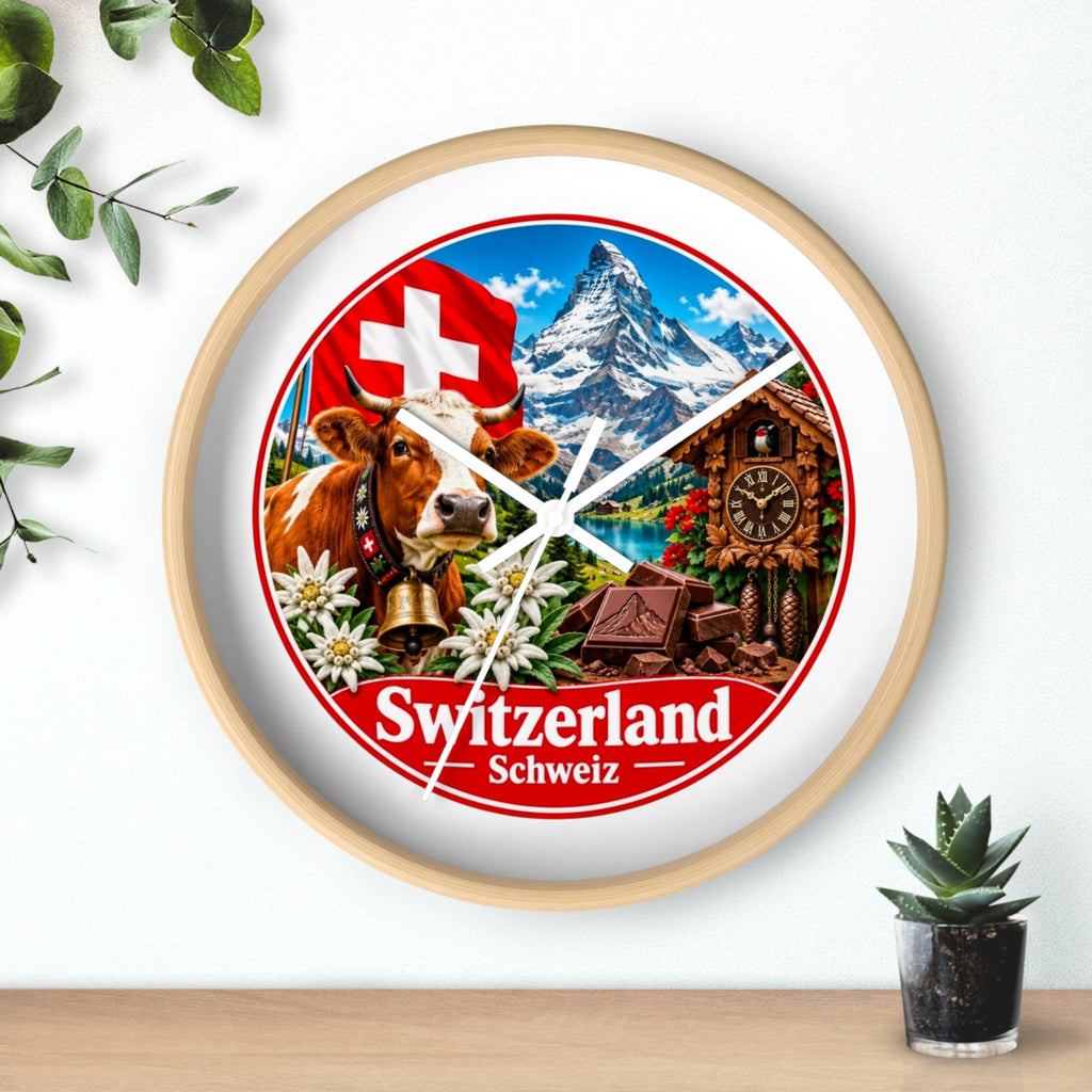 Switzerland Wall Clock — Alpine Cow, Cuckoo Clock & Matterhorn Souvenir