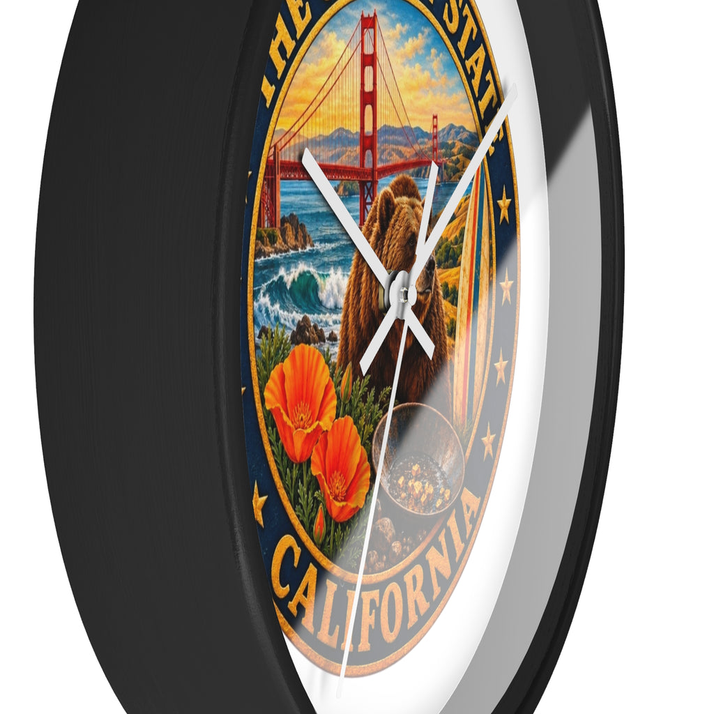 California Golden State Wall Clock — Golden Gate, Bear & Poppies Retro Travel Decor