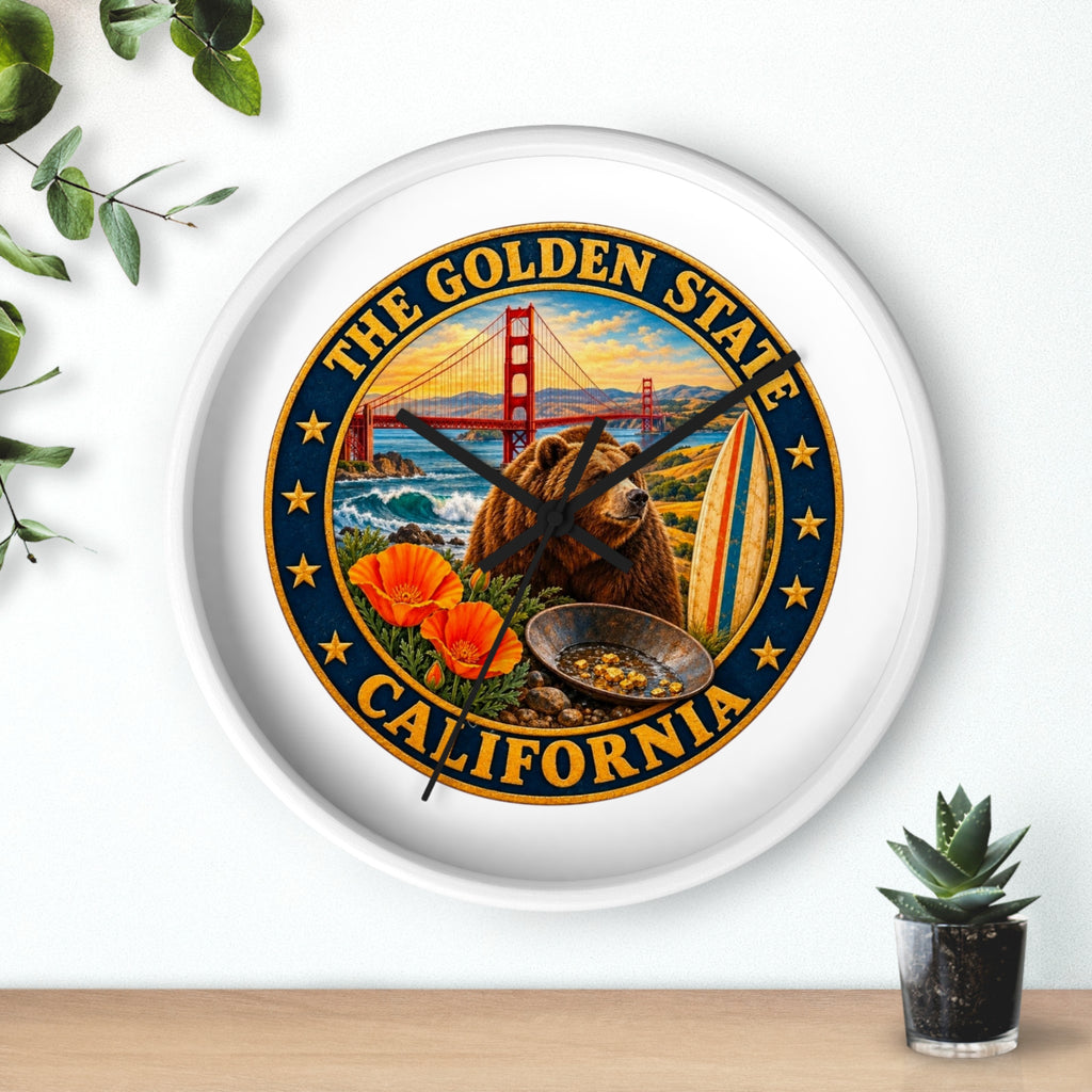 California Golden State Wall Clock — Golden Gate, Bear & Poppies Retro Travel Decor